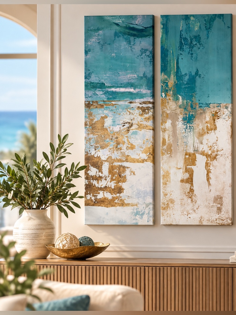 Hobby Lobby Abstract Canvas Wall Art Set of 2 Teal Blue Gold 36x12 Modern Decor
